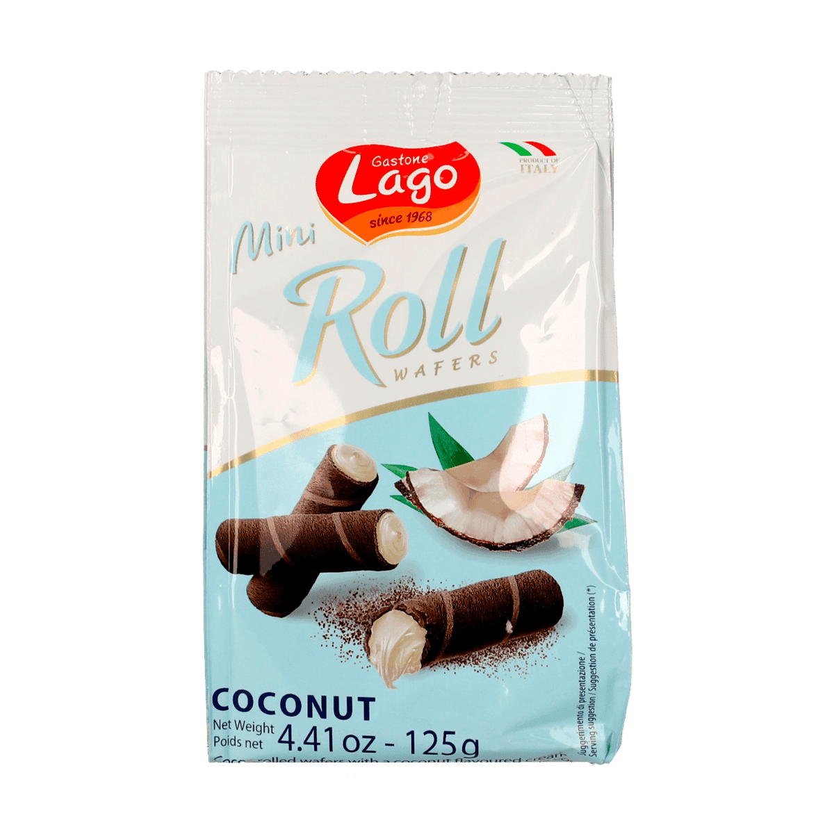Mini Rollitos de Barquillo rellenos de suave crema Lago de Coco 125 Gramos Mini Rollitos de Barquillo rellenos de suave crema Lago de Coco 125 Gramos